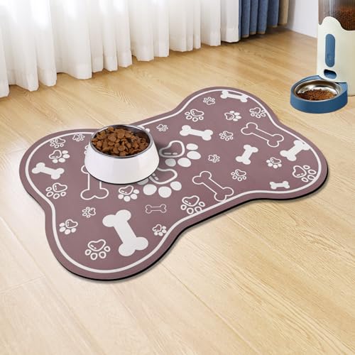 Dog Cat Mat for Food and Water (18"L x 12"W / Bone Shaped Brown)