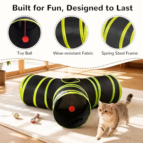 Cat Tunnel, 3-Way Collapsible Toy for Indoor Cats, Black & Yellow (Black & Yellow / Small)