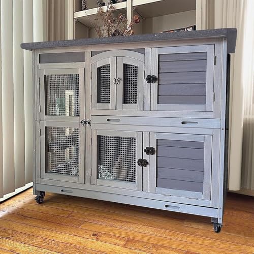 Rabbit Hutch Indoor Outdoor Bunny House Guinea Pig Cage on Wheel with Plastic Tray (Grey / 44.0"L x 20.0"W x 41.5"H)