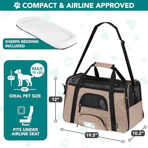 Airline Approved Pet Carrier Cats & Small Dogs (Heather Taupe / 19.5"L x 10.2"W x 12.0"H)