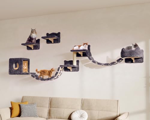 9-in-1 Cat Wall Shelves, Cat Wall Furniture Set with Bridge, Grey (Grey / 9-in-1)