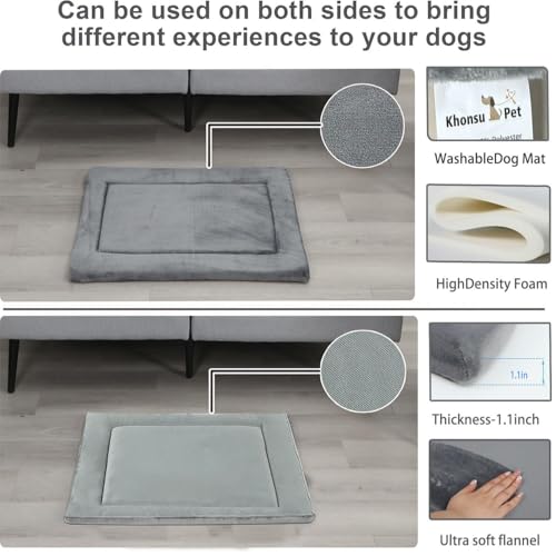Dog Bed Mat for Crate 1.1in Slim Cooling Pad Reversible Flannel & Waterproof Canva for Medium Dogs up to 45 lbs (Grey / M)