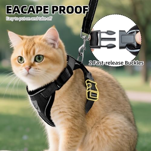 Cat Harness and Leash Set Escape Proof Reflective Cat Walking Harness Adjustable Soft Breathable Mesh Vest for Small Pets (L (NECK 14"-18", CHEST 18"-26.5") / Black)