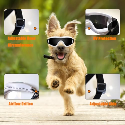 Dog Goggles Small Breed Dog Sunglasses Doggy UV Protection Glasses (White Frame Black Lens)