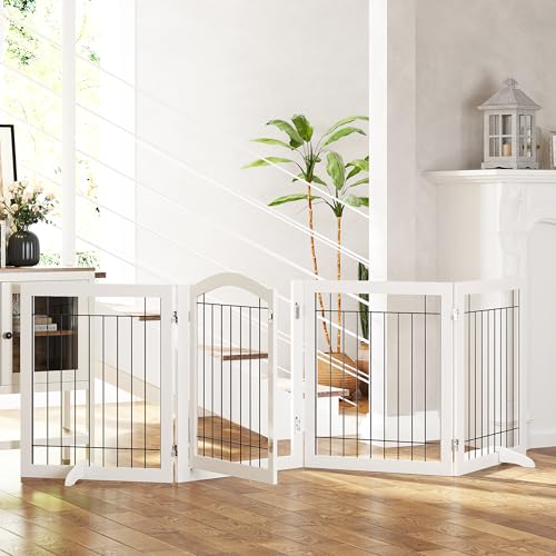 Freestanding Foldable Dog Gate Indoor with Door (White / 【4 Panels with Door】96"W x 30"H)