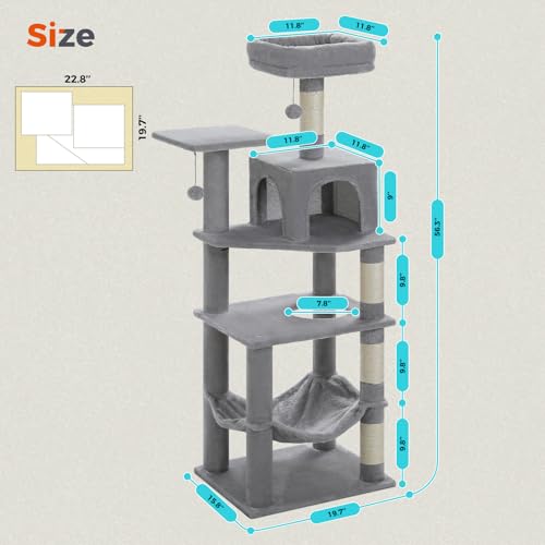 56.3in Multi Level Cat Tree for Indoor Cats (Plush Grey / Air(19.7"L x 15.8"W x 56.3"H))
