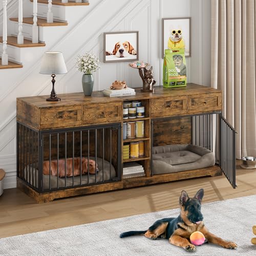 82" Double Dog Crate Furniture with Drawers and Shelves (Brown / 81.9"L x 23.6"W x 33.5"H)