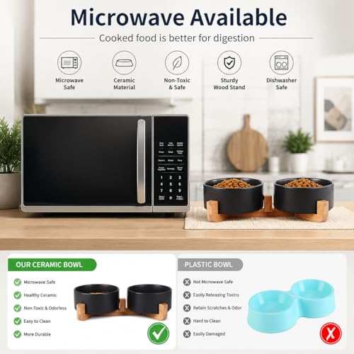 Ceramic Dog Cat Bowls Set with Stand (Black / 400ML*2)