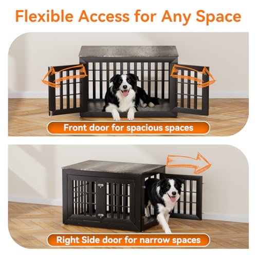 38" Heavy Duty Dog Crate Furniture for Large (37.4"L x 25.8"W x 27.4"H / Black+Grey)
