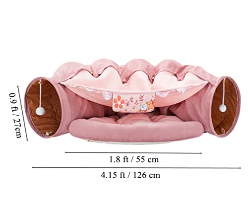 2 in 1 Cat Tunnel Bed Tube with Cushion and Plush Ball Toy Playground Crinkle Collapsible for Large Cats Kittens Kitty Puppy Small Dog Foldable Soft Pet Play Bed Indoor Outdoor