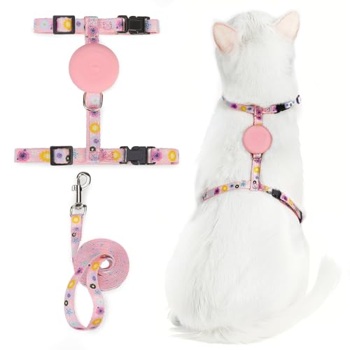 Adjustable Cat Harness and Leash Set Escape Proof Kitten Strap Collar for Walking Travel (Medium / Pink(Floral))