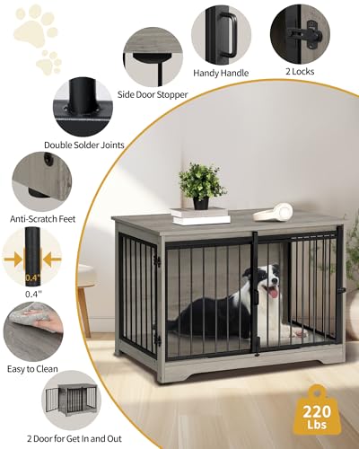 39.3" L Dog Crate Furniture Indoor Dog Kennel with Barn Door (Greige / 39.3"L x 23.6"W x 26.8"H)