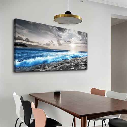 Large Wall Decor For Living Room Canvas Wall Art For Office Bedroom Decorations Blue Ocean Wave Wall Painting Black and White Beach Pictures Artwork Modern Mural Home Decor (60"L x 30"W / Blue Sea Wave Pictures)