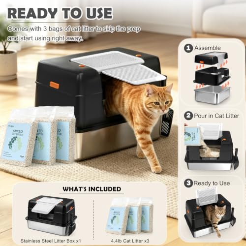 XL Stainless Steel Cat Litter Box with 13.2 lb Cat Litter (Black(With 13.2 lb Litter))
