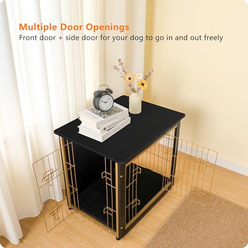 27" Dog Crate Furniture (Black+Gold / 27.2"L x 20.1"W x 23.6"H)