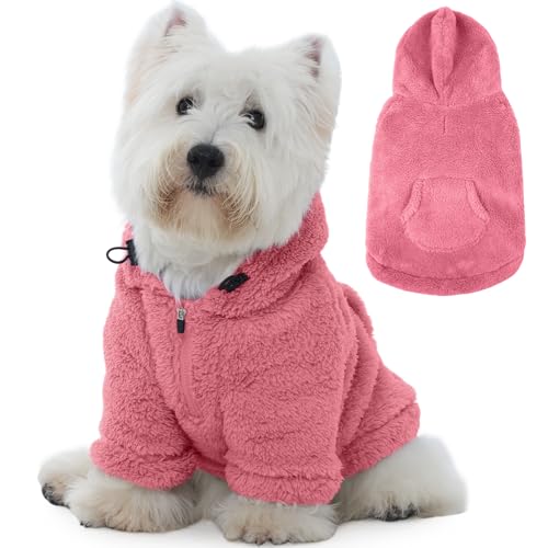 Fuzzy Dog Sweater with Adjustable Hood & Harness Hole (X-Small / Pink)
