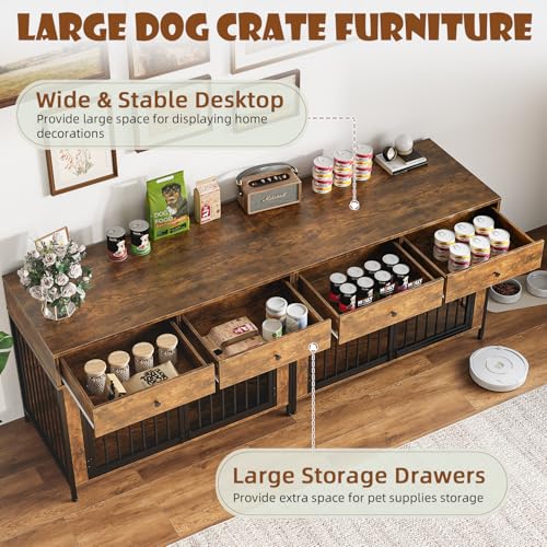 44 Inch Large Dog Crate Furniture with Storage Drawers (New Brown / 89"L x 23.6"W x 34.5"H)
