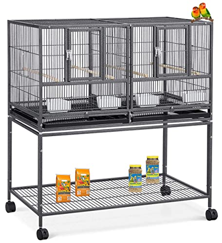 42" Sturdy Wrought Iron Single Stackable Center Divided Side Nesting Box Doors Breeder Breeding Bird Flight Double Rolling Cage for Aviaries Canaries Cockatiels Lovebirds Finches Budgies Small Parrots (Black Vein)
