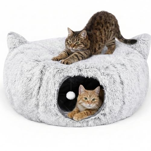 3-in-1 Cat Tunnel Bed – Cat Tunnels & Cat Beds for Indoor Cats with Catnip Toys – Cat Bed Cave & Peekaboo Cat Hideaway – Foldable Interactive Cat, Kitty & Kitten Toys