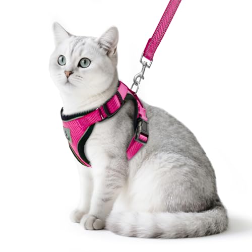 Cat Harness and Leash Set Escape Proof Reflective Cat Walking Harness Adjustable Soft Breathable Mesh Vest for Small Pets (S (NECK 9.5"-11", CHEST 13"-16") / Deep Pink)