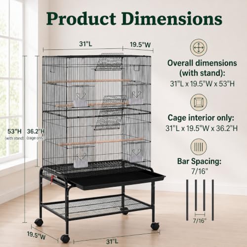 53 Inch Bird Cage with Rolling Stand for Parakeets Cockatiels
