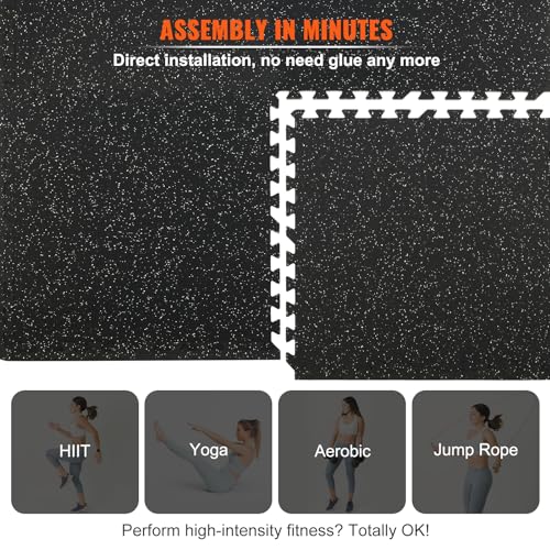 0.56Inch 48sq.ft 12 Tiles Gym Flooring for Home Gym (Black & Grey / 25"L x 25"W x 0.56"Th)