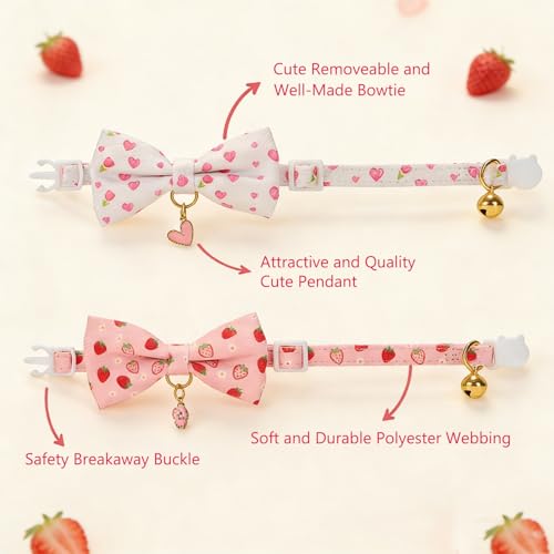 2 Pack Floral Cat Collars with Bow Tie and Bell Adjustable Breakaway Bowtie Cute Kitten Collar (S:Neck 7.0" - 11.0" / White Heart+Pink Strawberry)