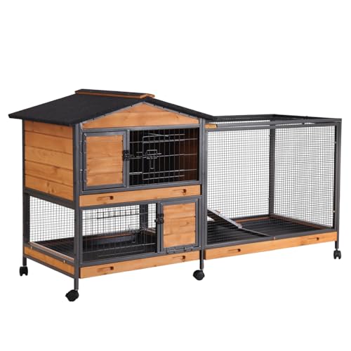 Rabbit Hutch Indoor Bunny Cage with Run Outdoor Rabbit House with Two Deeper No Leak Trays (Brown / 60.78"L x 22.6"W x 33.2"H)