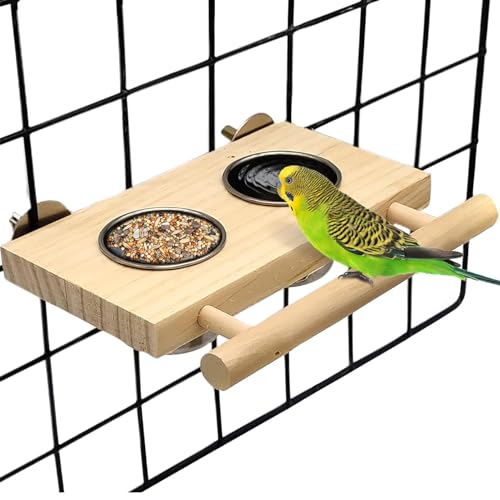 Bird Feeding Dish Cups with Wooden Platform Hanging Stainless Steel Parrot Cage Feeder Bowl Wood Perch Stand for Parakeet Cockatiels Lovebirds Budgie (Small)