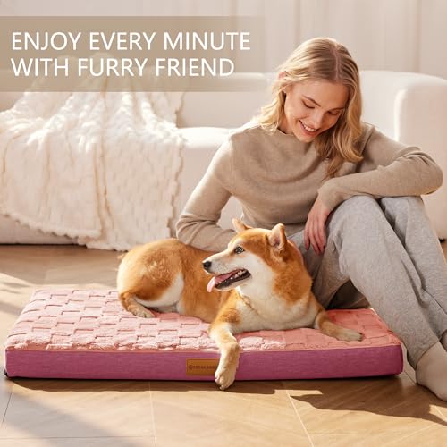 Orthopedic Large Dog Bed Washable Pet Crate Mat 42''X28'' Pink (Pink / 42"L x 28"W x 3.5"Th)