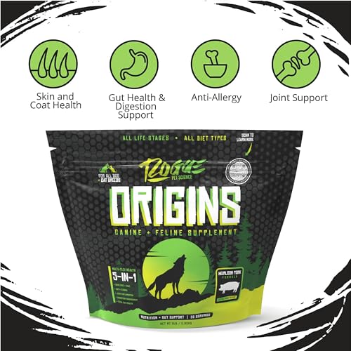 Origins 5-in-1 Dog Supplement - Powdered Food Topper w/Natural Heirloom Pork Protein- Supports Healthy Digestion, Skin, and Coat - Helps Reduce Itching & Joint Inflammation (2 lbs) (2 lb)