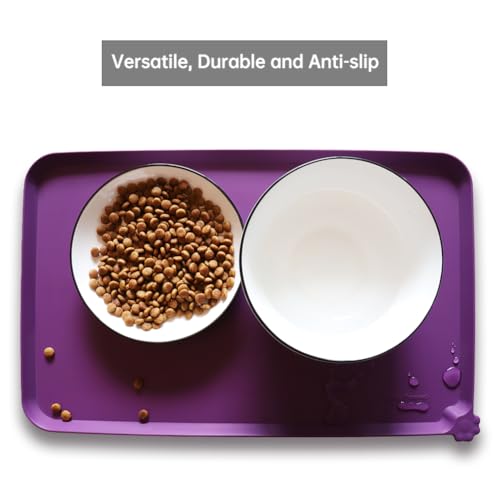 Waterproof Pet Feeding Mats with High Lips (19"L x 12"W / Eggplant)