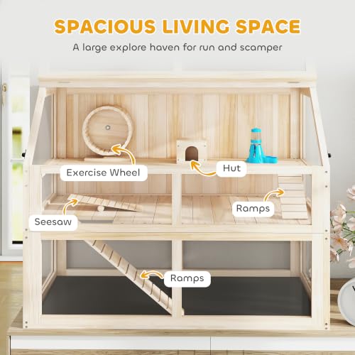Wooden Hamster Cage 3 Tier for Dwarf Gerbil 37"x21"x30" Natural (Natural Wood / 37.4"L x 20.9"W x 29.9"H)