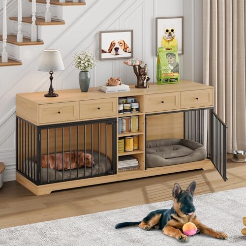 82" Double Dog Crate Furniture with Drawers and Shelves (Natural / 81.9"L x 23.6"W x 33.5"H)