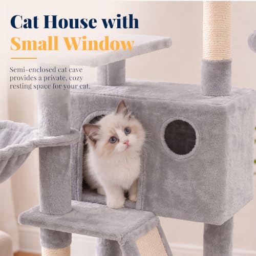 Cat Tree Tower with Padded Platform Bed (53 Inch / Light Gray)