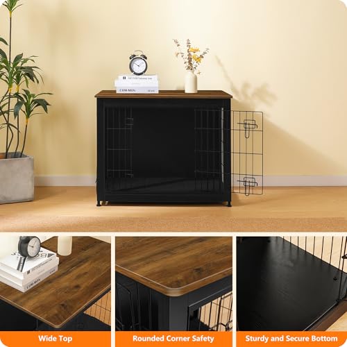 32.5" Dog Crate Furniture with Cushion (Black+Warm Brown / 32.5"L x 21.9"W x 25.6"H)