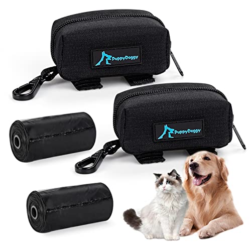 2 Pack Poop Bag Holder for Dogs and Cats Black Waste Bag Dispenser Poop Bag Pouch Dispenser with 2 Roll of Free Poop Bags for Leash Accessory Bicycle (Black + Black)
