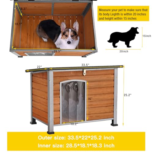 Dog House Outdoor & Indoor Wooden Dog Kennel for Winter with Raised Feet Weatherproof for Small & Medium & Large Dogs (33.5" Brown)