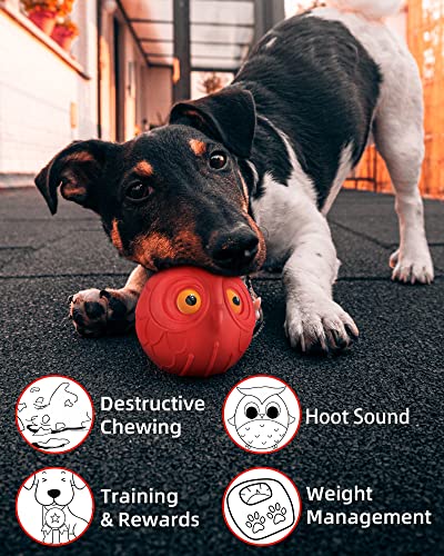 Giggle Ball for Dogs Interactive Dog Toys for Aggressive Chewers Dog Ball Toy for Puppy Medium Large Dogs Natural Rubber Cute Owl Hoot Fun Giggle Sounds When Rolled or Shaken (Red)