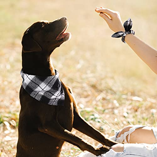 White Black Plaid Dog Bandanas Matching Dog Bandana and Scrunchie (Golden,White / Large)