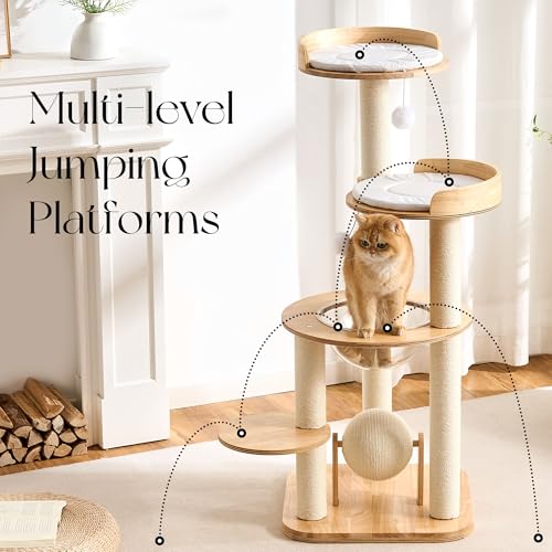 Modern Solid Wood Cat Tree Tower (49 Inch-Scratch Ball)