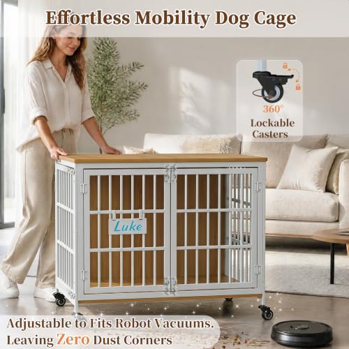 Heavy Duty Dog Crate Furniture with Personalized Name Tag (White & Beech / 40.8"L x 29.3"W x 30.2"H)