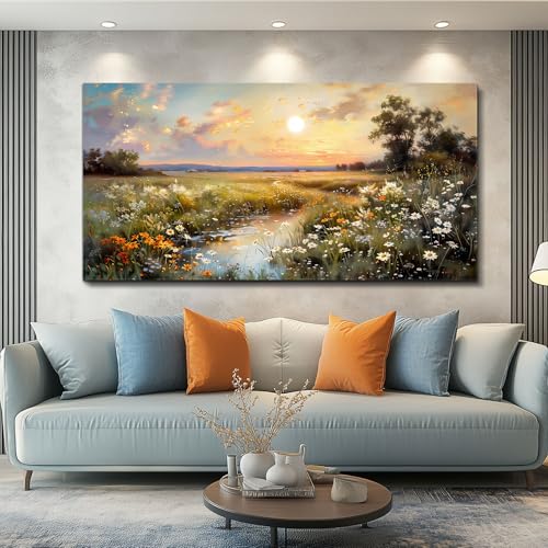 Large Canvas Wall Art for Living Room Wall Decor Bedroom Vintage Farmhouse Wildflower Wall Painting Office Decorations Nature Landscape Picture Artwork Aesthetic Home Decor Ready To Hang (60"L x 30"W / Rural Scenery)