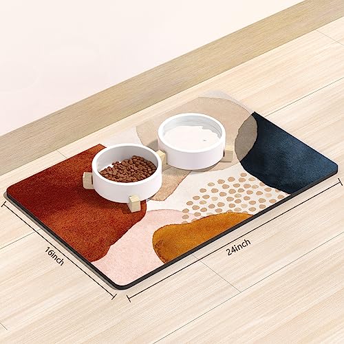 Dog Food Mat 16" x 24" Absorbent Dog Cat Bowl Mat for Food and Water (Abstract Stones Art / 16"L x 24"W)