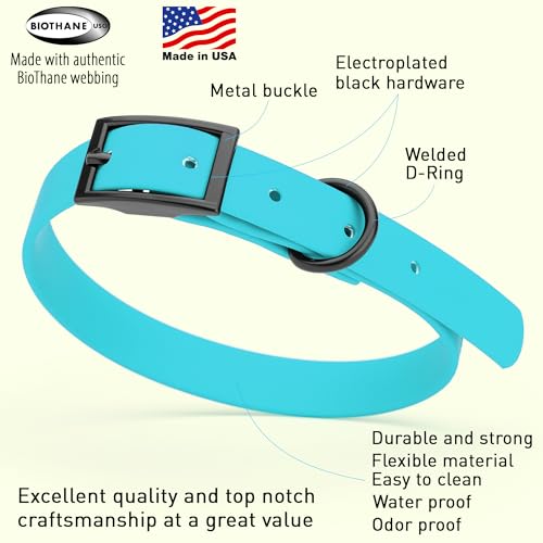 Biothane Waterproof Dog Collar Strong Coated Nylon Webbing with Black Hardware Odor (W5/8" x L12-15" / Sky Blue)