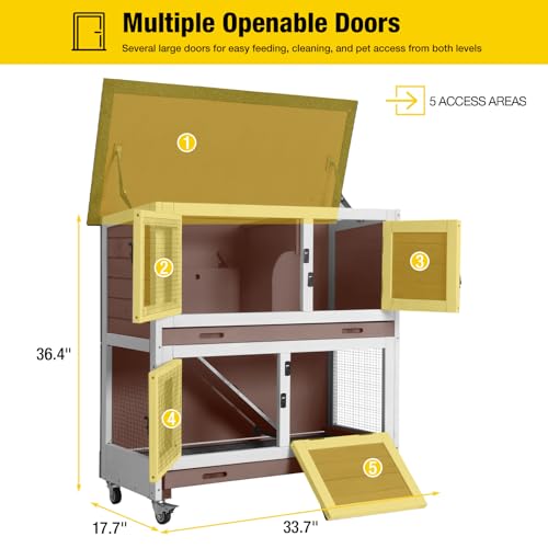 2 Tier Rabbit Hutch with Tarp Door and Wheels Bunny Cage Indoor Outdoor Guinea Pig Cage Expandable with Pet Playpen 36" L