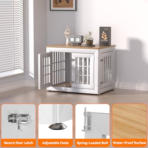 32" Heavy Duty Dog Crate Furniture for Small (32.7"L x 24.4"W x 25.8"H / White+Wood)