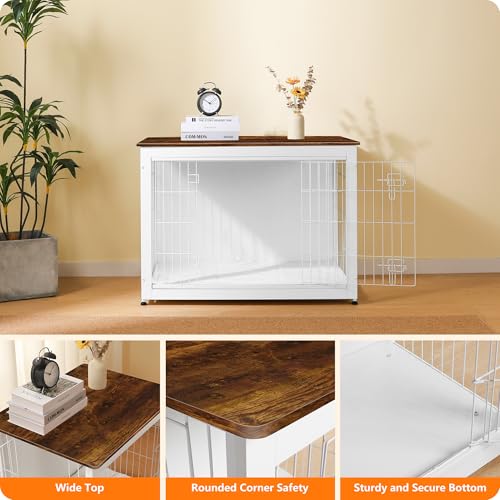 38.5" XL Dog Crate Furniture with Cushion (White+Rustic Brown / 38.5"L x 25.6"W x 26.8"H)