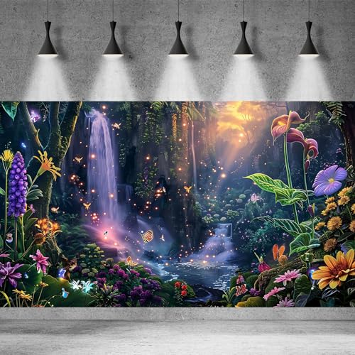 Fantasy Garden Aquarium Background Sunset Waterfall and Flowers Terrarium Backdrop Tropical Forest Lush Plant Magic Butterfly Lights Flowers Fish Tank Background Poster Decorations 72x24in (72(W)x24(H)in / Purple)