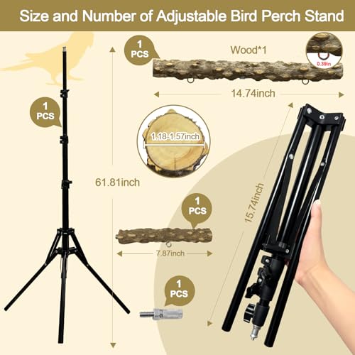 3-Layer 16-63 Inch Height Adjustable Bird Perch Pepper Wood Birds Training Perch Stand Parakeet Perches Indoor and Outdoor Parrot Stands for Small to Medium Bird (Three-tier floor stand)